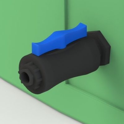 A 3D model of a door handle with a blue handle and a Valve Kit 25mm.