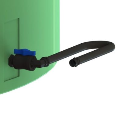 A green water tank with a blue hose attached to it, connected with a Plumbing Kit 32mm.