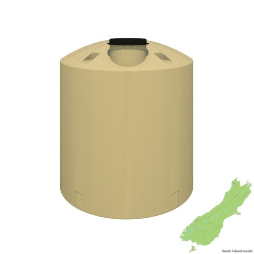 A tan 5,000 Ltr Tank with a map of New Zealand, capable of holding 5000 liters.