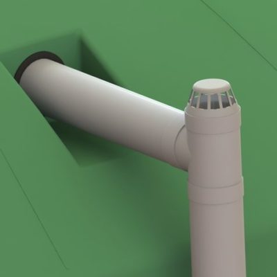 A 3D model of an Overflow Vent Kit 80mm installed on a green roof.