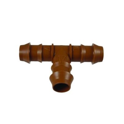 A brown plastic Drip line - 16mm Barbed Tee (10 pack) on a white background for drip lines.