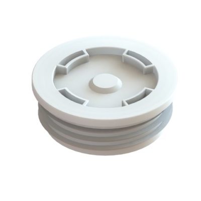 A white plastic cap with a hole in it, also known as a Drum Bung with 19mm BSP.