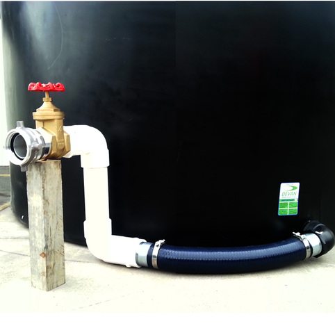 A black water tank with a hose attached to it, equipped with the Dual Tank Fire Connection Kit.
