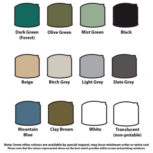 A color chart displaying the various colors available for the awnings, including options for a 5,000 Ltr Tank - Extra Heavy Duty.